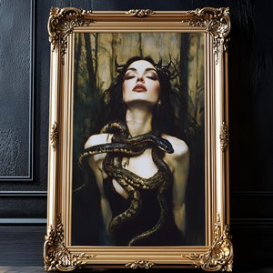 Lilith Goddess And Snakes, Lilith Painting, Greek Mythology Wall Art, Goddess Wall Art, Goddess Art Print, Witchy Home Decor, Goth Painting