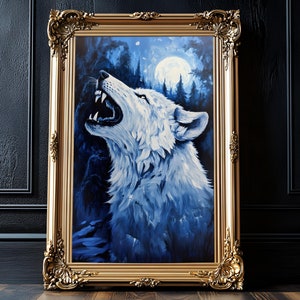 White Wolf Howling Full Moon, Wolf Painting, Wolf Full Moon, Forest Wall Art, Moody Cottagecore, Dark Forest, Dark Academia Print, Wolf Art