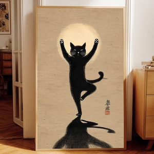 Black Cat Yoga Moon Print, Zen Cat Meditation Decor, Japanese Ink Tree Pose Print, Digital Download
