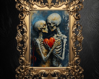 May include: A framed painting of two skeletons embracing, holding a red heart. The skeletons are painted in a realistic style with intricate details. The painting is set against a dark blue background with hints of gold and red.