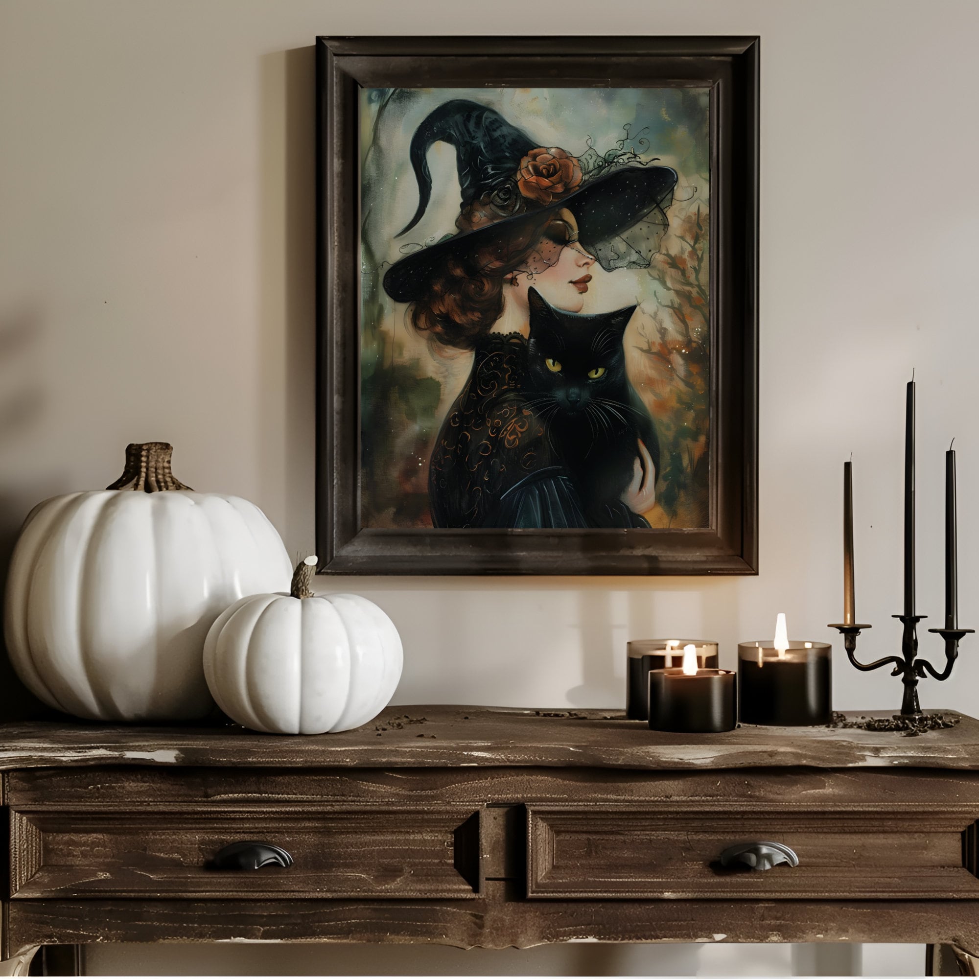 Witch and Black Cat Art Print: Goth Halloween Home Decor - Etsy