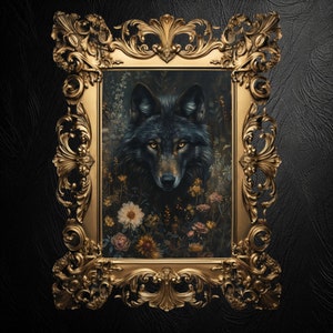Wolf Floral Painting, Wolf Painting, Wolf Wall Decor, Forestcore Decor, Dark Academia Decor, Dark Cottagecore Decor, Goth Poster, Forestcore