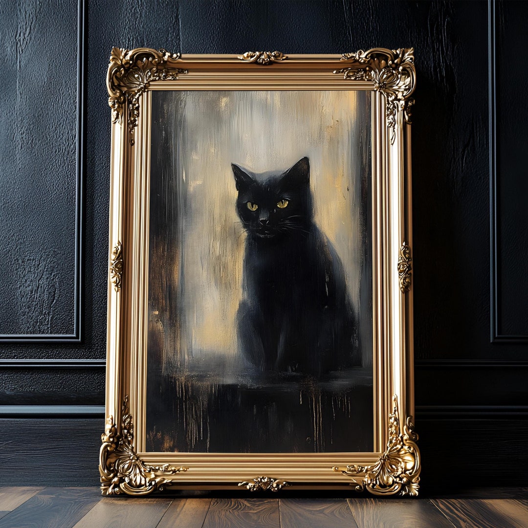 Moody Black Cat Art Print: Dark Academia Cottagecore Wall Decor - Etsy