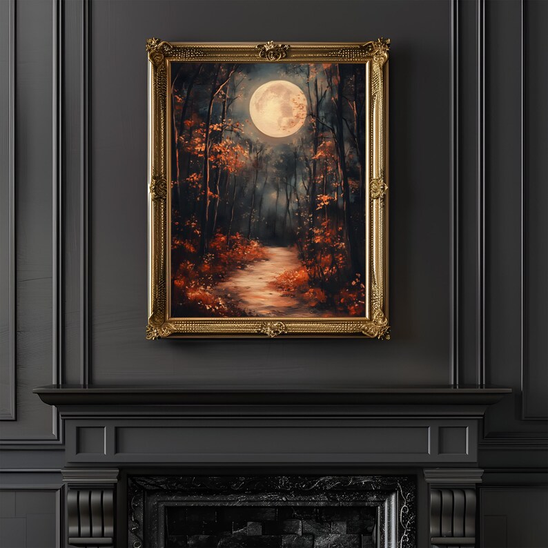 Moody Full Moon Forest Wall Art, Moonlit Forest Painting, Forestcore ...