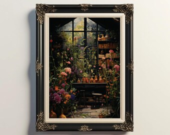 Witchy Greenhouse Art Print: Dark Academia Botanical Decor