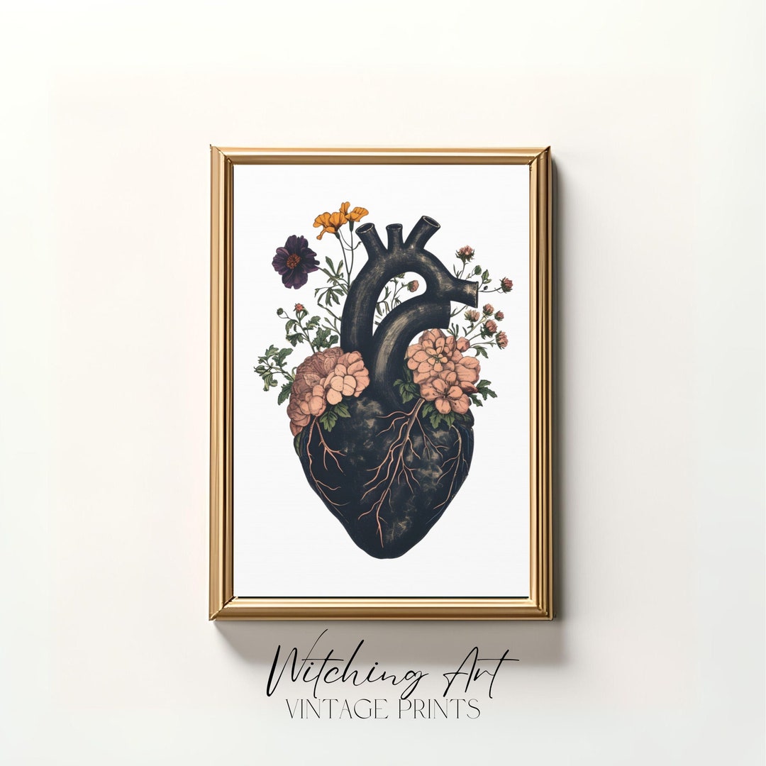 Black Floral Heart Anatomy Art Print: Goth Home Decor Canvas - Etsy