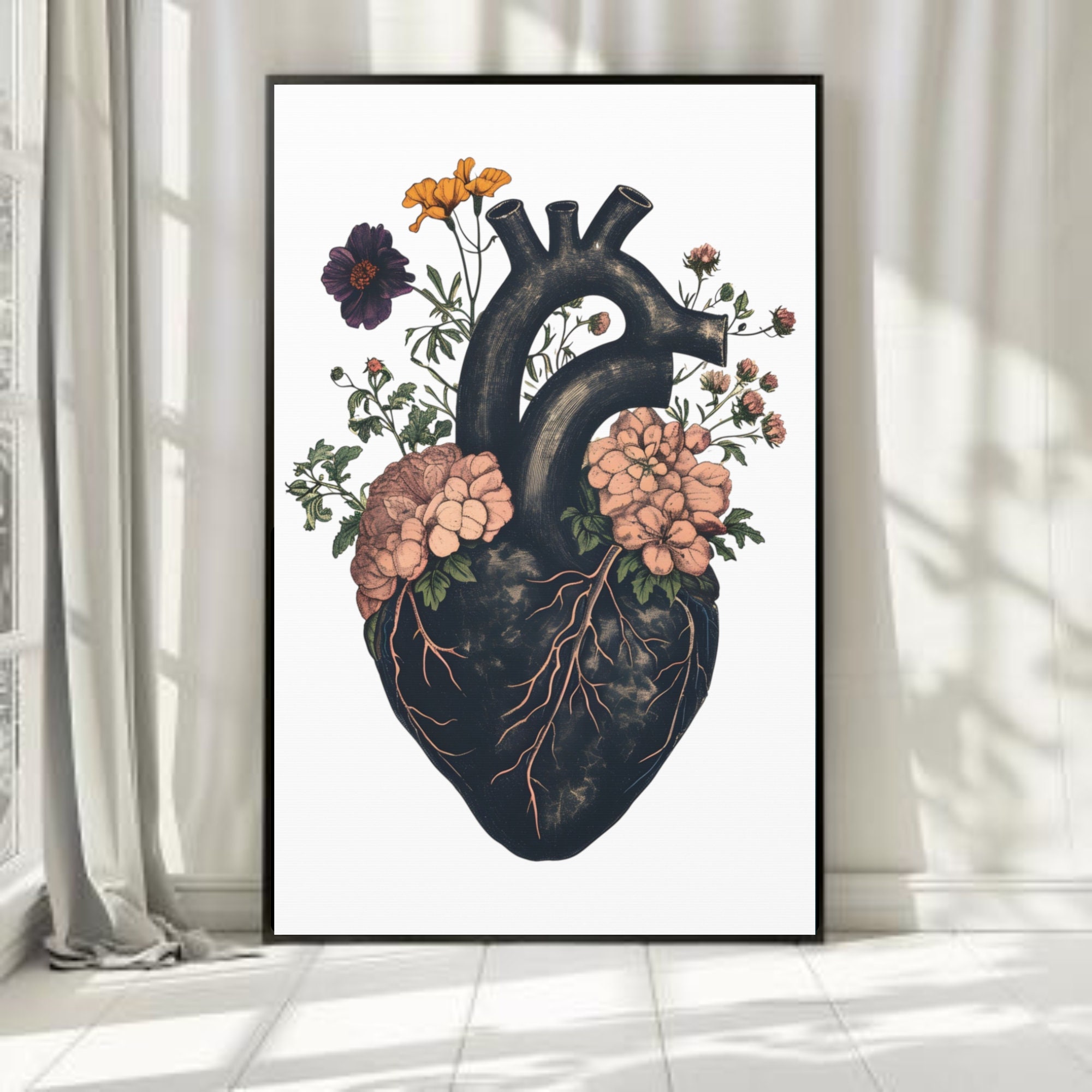 Black Floral Heart Anatomy Art Print: Goth Home Decor Canvas - Etsy