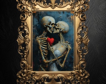 Skeleton Couple Art Print: Goth Valentines Day, Dark Academia Decor