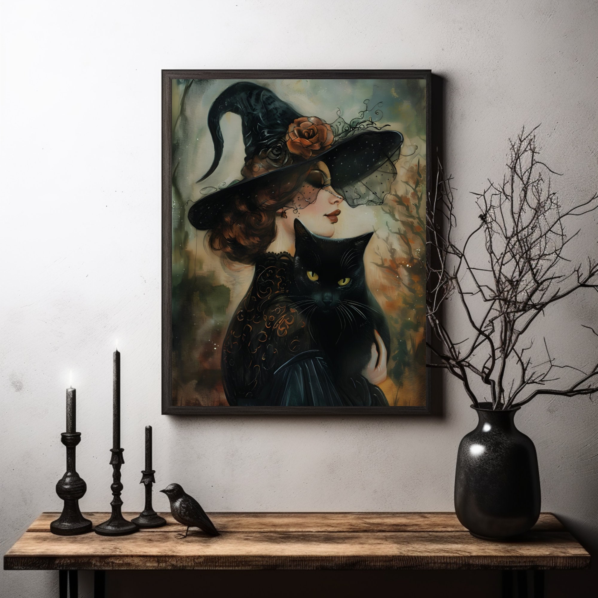 Witch and Black Cat Art Print: Goth Halloween Home Decor - Etsy