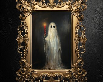 May include: A white ghost holding a lit red candle in a gold ornate frame.