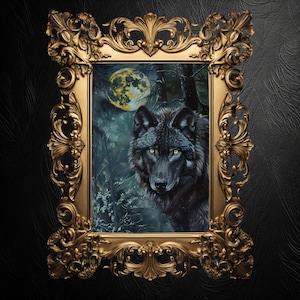 Wolf in the Forest Full Moon, Black Wolf in the Forest, Wolf Painting, Wolf Portrait, Full Moon, Forestcore Decor, Cottagecore Decor