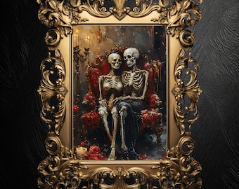 May include: A painting of two skeletons sitting on a throne, holding hands. The skeletons are dressed in a black gown and a white dress. The throne is decorated with red roses and candles. The painting is framed in a gold frame.