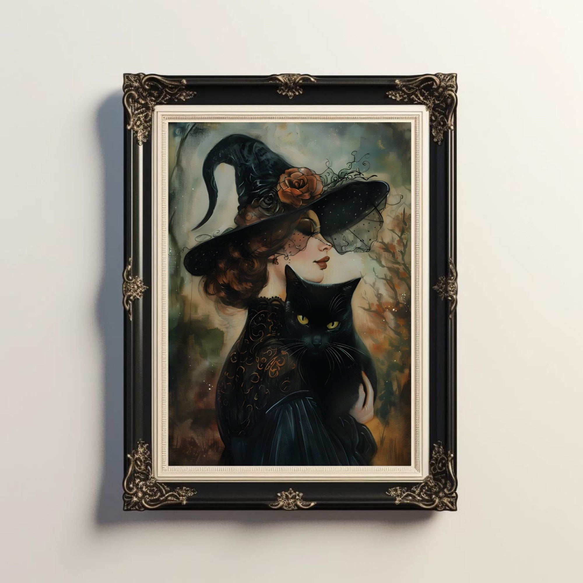 Witch and Black Cat Art Print: Goth Halloween Home Decor - Etsy