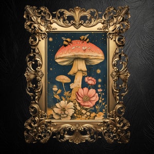 Bees on Mushroom Art Print: Vintage Forestcore Poster