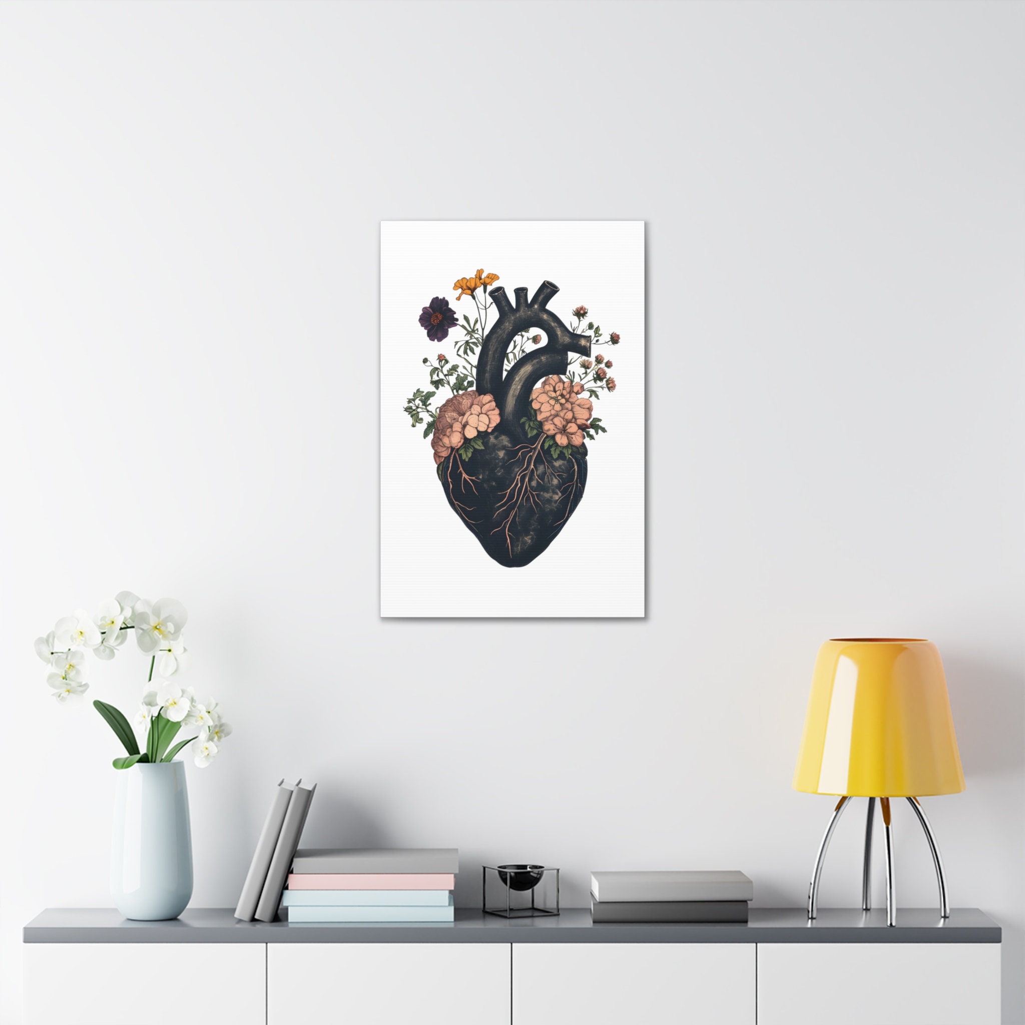 Black Floral Heart Anatomy Art Print: Goth Home Decor Canvas - Etsy