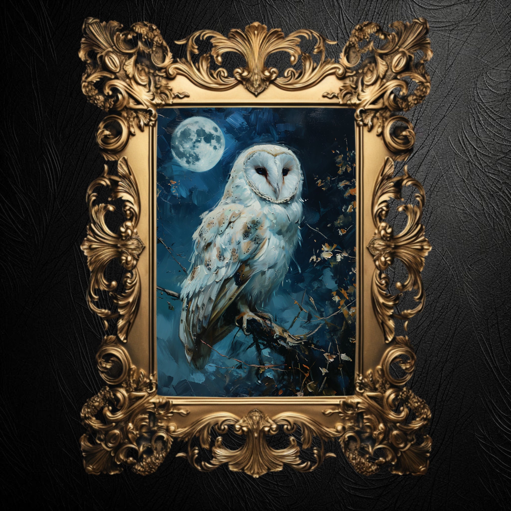 White Owl Full Moon Art Print: Dark Academia Goth Decor