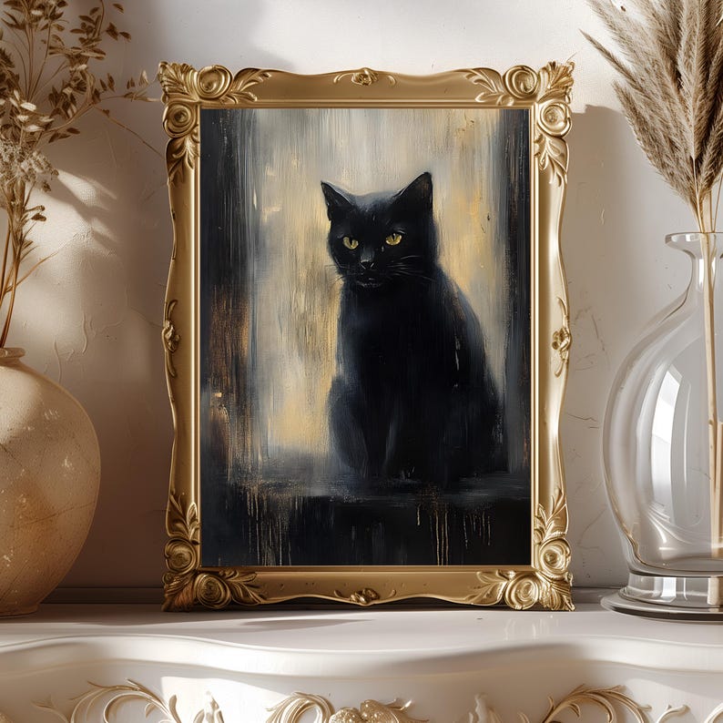 Moody Black Cat Art Print: Dark Academia Cottagecore Wall Decor - Etsy