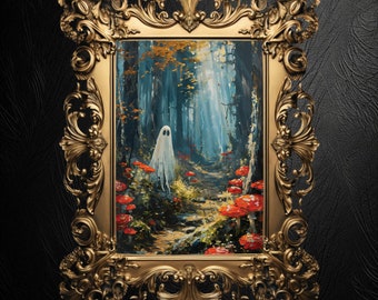 Ghost in Mushroom Forest Art Print: Dark Cottagecore Goth Decor