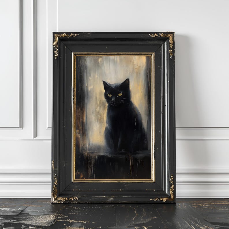 Moody Black Cat Art Print: Dark Academia Cottagecore Wall Decor - Etsy