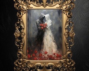 May include: A framed painting with a gold ornate frame. The artwork depicts two figures embracing, one in black and the other in white, holding red roses. Red rose petals are scattered at the bottom of the painting.