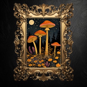 Mushroom Art Print: Full Moon Floral, Dark Cottagecore Poster