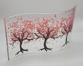 Handmade fused glass tree in blossom / Autumn leaves wave shaped panel/Suncatcher