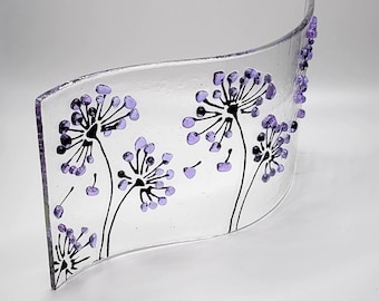 Handmade fused glass Agapanthus / Alium wave shaped panel / Suncatcher