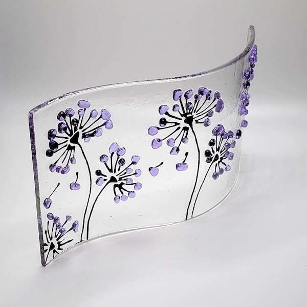 Handmade fused glass Agapanthus / Alium wave shaped panel / Suncatcher