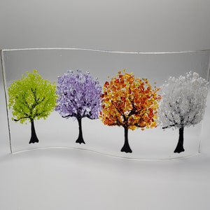 Handmade fused glass, four seasons tree wave shaped panel / suncatcher