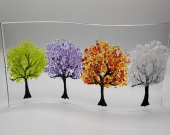 Handmade fused glass, four seasons tree wave shaped panel / suncatcher