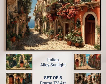Juego de 5 láminas decorativas con motivos de callejones italianos iluminados por el sol / Decoración de pueblo mediterráneo para televisores Samsung Frame / Arte mural rústico europeo para descargar digitalmente