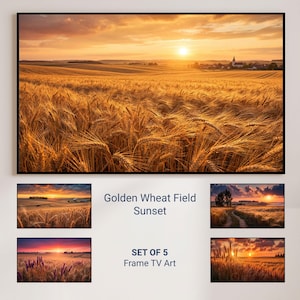 May include: A set of five framed art prints featuring golden wheat fields at sunset. The main image shows a vast field under a vibrant orange sky. Additional prints showcase similar scenes with varying compositions. The text reads "Golden Wheat Field Sunset" and "SET OF 5 Frame TV Art."