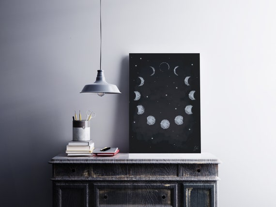 Lunar Moon Phases Diagram Painting Art Printable Blue and | Etsy