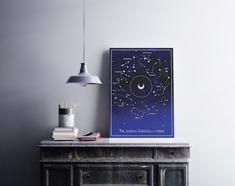 Impressão artística das constelações do zodíaco | Decoração de parede em aquarela com tema astrológico (Download digital)
