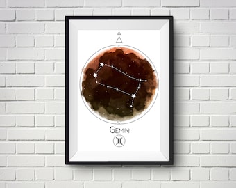 Lámina artística en acuarela de la constelación de Géminis / Signo del zodiaco (descarga digital)
