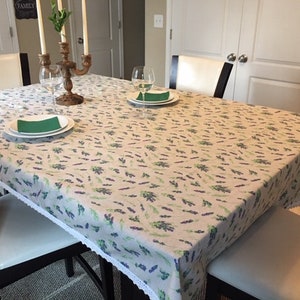 Lavender and Green Leaf Rectangle Table Cover, Washable Cotton Linen Embroidery Design Tablecloth Fata de Masa cu flori de lavanda