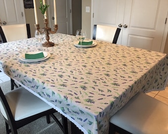 Lavender and Green Leaf Rectangle Table Cover, Washable Cotton Linen Embroidery Design Tablecloth Fata de Masa cu flori de lavanda