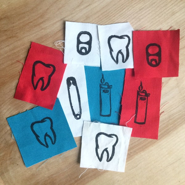 mini filler linoprint patches | safety pin, pop tab, lighter, tooth