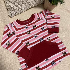 May include: A pink and red striped long-sleeved shirt with a small pocket on the front. The shirt has a pattern of small cartoon dogs on it. The shirt has a red crew neck and red cuffs.