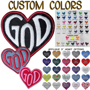 Puede incluir: Un parche termoadhesivo personalizable con la palabra "GOD" en forma de corazón. El parche está disponible en una variedad de colores y telas, incluyendo satén negro, satén dorado, satén blanco, satén gris, satén azul, satén morado, satén bosque, satén fucsia, satén rojo, sarga roja, denim claro, denim oscuro, rosa heather, morado heather, sarga blanca, amarillo fluorescente, sandía, animales (varía), estilo campestre, corazones azules, lunares, triángulo, boho (varía), corazones rosas y corazones rojos.