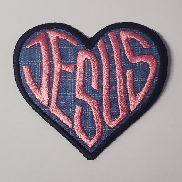 Jesus Lover Patch - Country Chic Blue Checkered with Pink Heart - Iron or Sew On Embroidery - Faith Expression, Unique Christian Keepsake