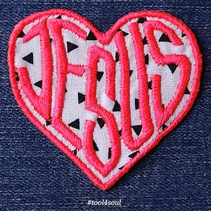 Love Jesus Patch - Triangle with Fluorescent Pink Embroidery - Iron On or Sew On Patch - Baptism Gift, Disciple Wear, Christian Gift