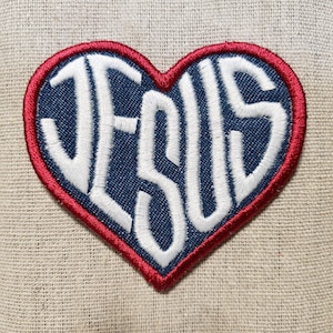 Love Jesus Patch - Dark Denim, White Jesus, Red Border - Embroidered Iron On Sew On Patch - Baptism Gift, Disciple Wear, Christian Gift