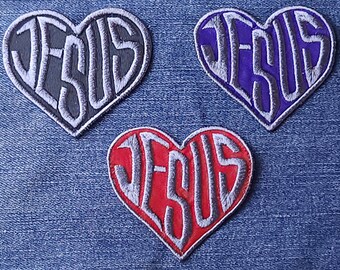 Love Jesus Patch - Charcoal Embroidery - Heart Shaped - Embroidered Iron On or Sew On Patch - Baptism Gift, Disciple Wear, Christian Gift