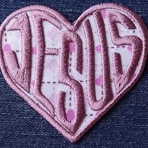 Love Jesus Patch: Embroidered Heart, Shimmering Pink, Christian Gift