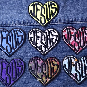 Jesus Patch: Black Embroidered Heart, Iron-On Christian Applique