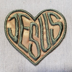 Love Jesus Patch: Satin Old Gold Heart, Light Olive Embroidered Applique
