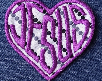 Love Jesus Patch - Polkadot & Metallic Purple Embroidery - Iron On or Sew On Patch - Baptism Gift, Disciple Wear, Christian Gift