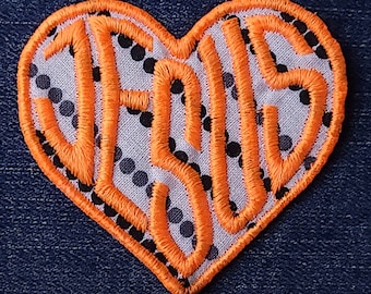 Love Jesus Patch - Polka dot with Fluorescent Orange Embroidery - Iron On Sew On Patch - Baptism Gift, Disciple Wear, Christian Gift