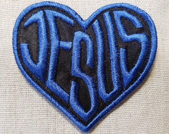 Love Jesus Patch: Schwarzes Satin Herz, Blau Gesticktes Bügelbild